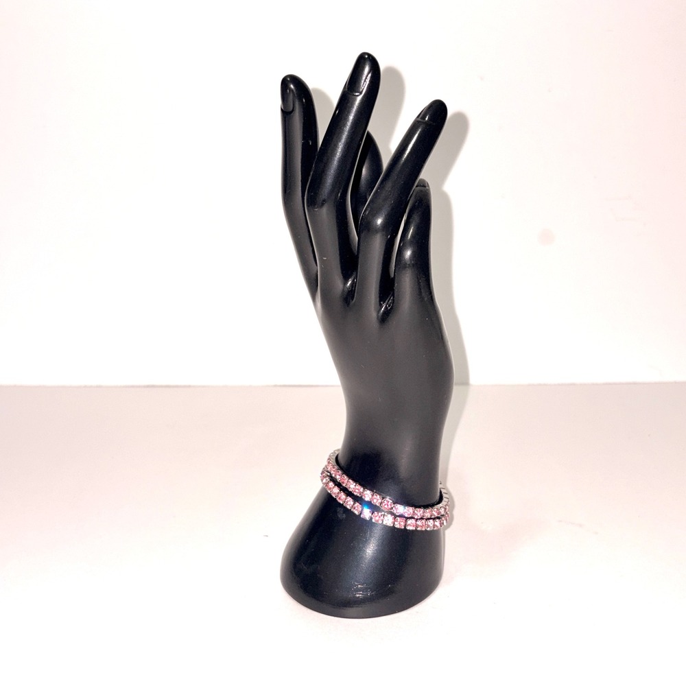 Pink Rhinestone Silver Tone Stretch Tennis Bracelet Set of 2 Bangle Extendable